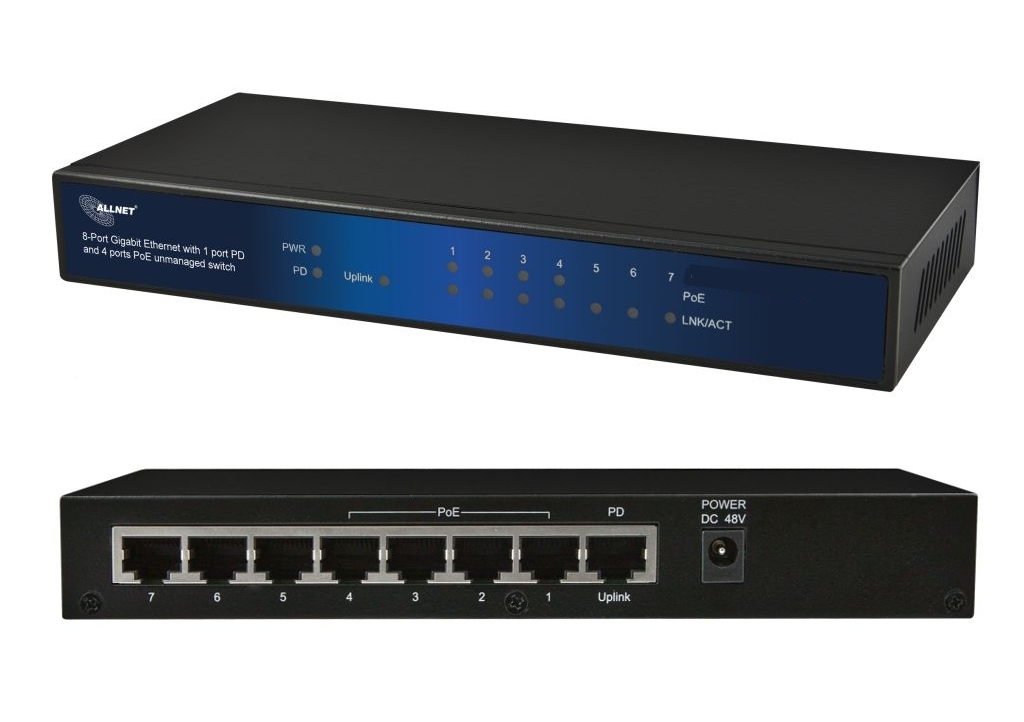 PD_versorgter_Switch_66-840-03815 8-Port PoE Verteiler 1xPoE auf 4xPoE Ausgänge 10-100-1000Mbit Gigabit PoE-Extender