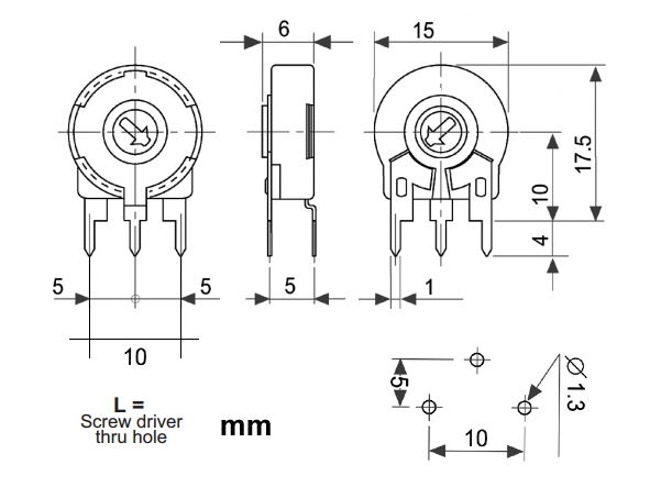 10Kohm Trimmer Poti T15 stehend RM10x5 Steckachse