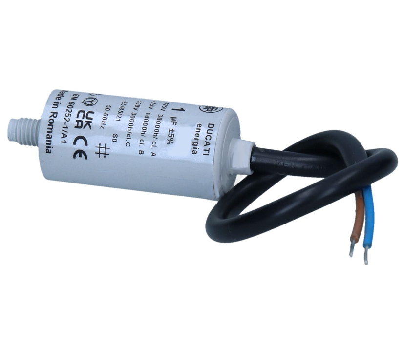 1uF Motorkondensator MKP 1uF 475V 25x50-68mm mit 240mm Litzenkabel