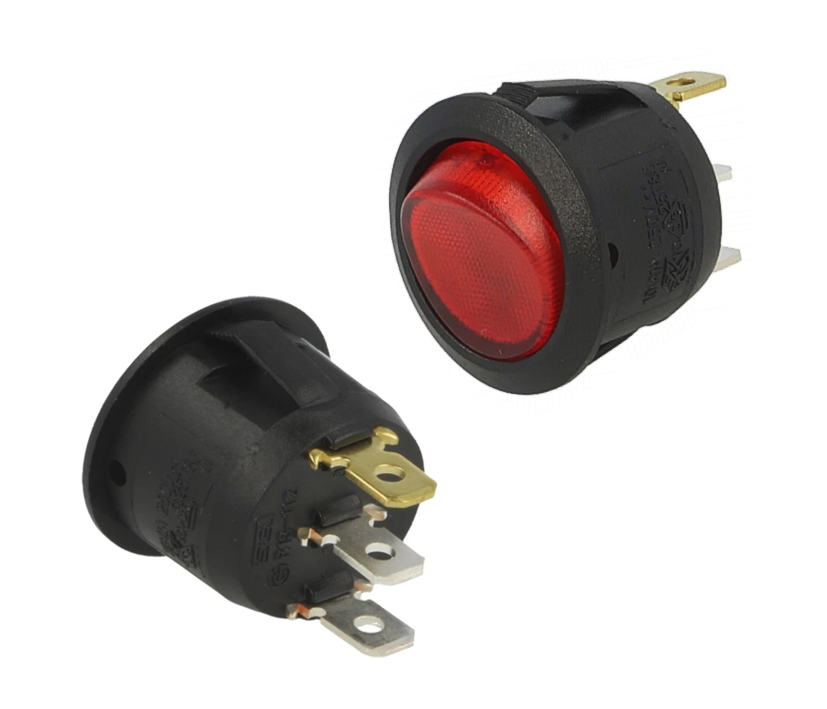 23mm_Wippschalter_3pol_rot_beleuchtet_95-834-00360 Schalter Wippschalter ROT RUND 23mm Ein-Aus beleuchtet 250V 10A 3pol Netzschalter