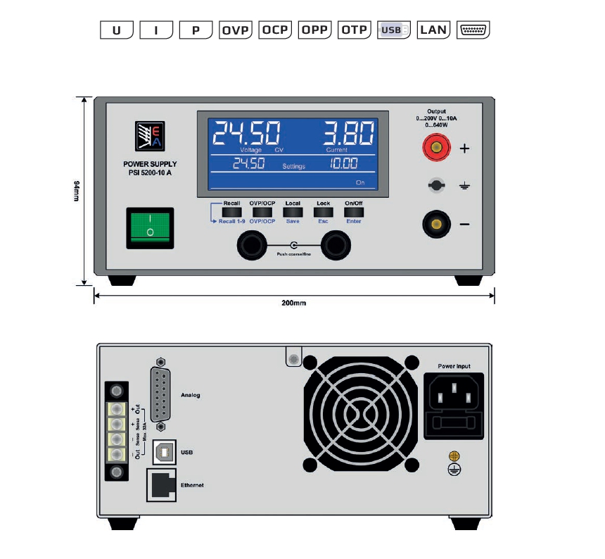 Labornetzgerät 230V regelb. 0-200V 0-10A EA-PSI-5200-10A mit USB- Ethernet- und Analogschnittstelle
