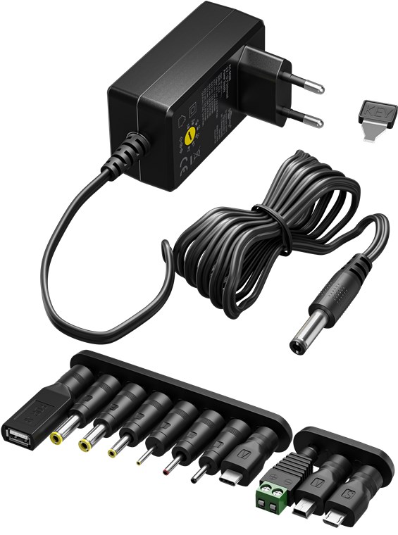 Netzteil 3V 4,5V 5V 6V 7,5V 9V 12V max 2,25A 27W mit 11 Adapter samt USB-C Ladegerät